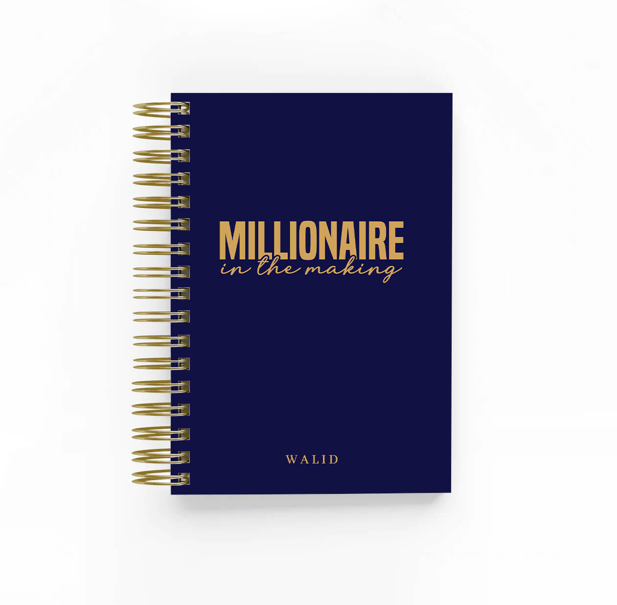 A navy-colored planner with the title 'Millionaire in the making' written on the cover in gold lettering, with a small gold accent on the lower part of the cover.